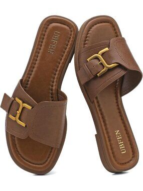 Women's Brown Square Toe Flat Sandals Slides Dressy Comfortable for Beach